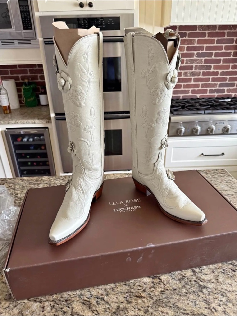Lucchese Cream Floral Embroidered Knee-High Western Boots